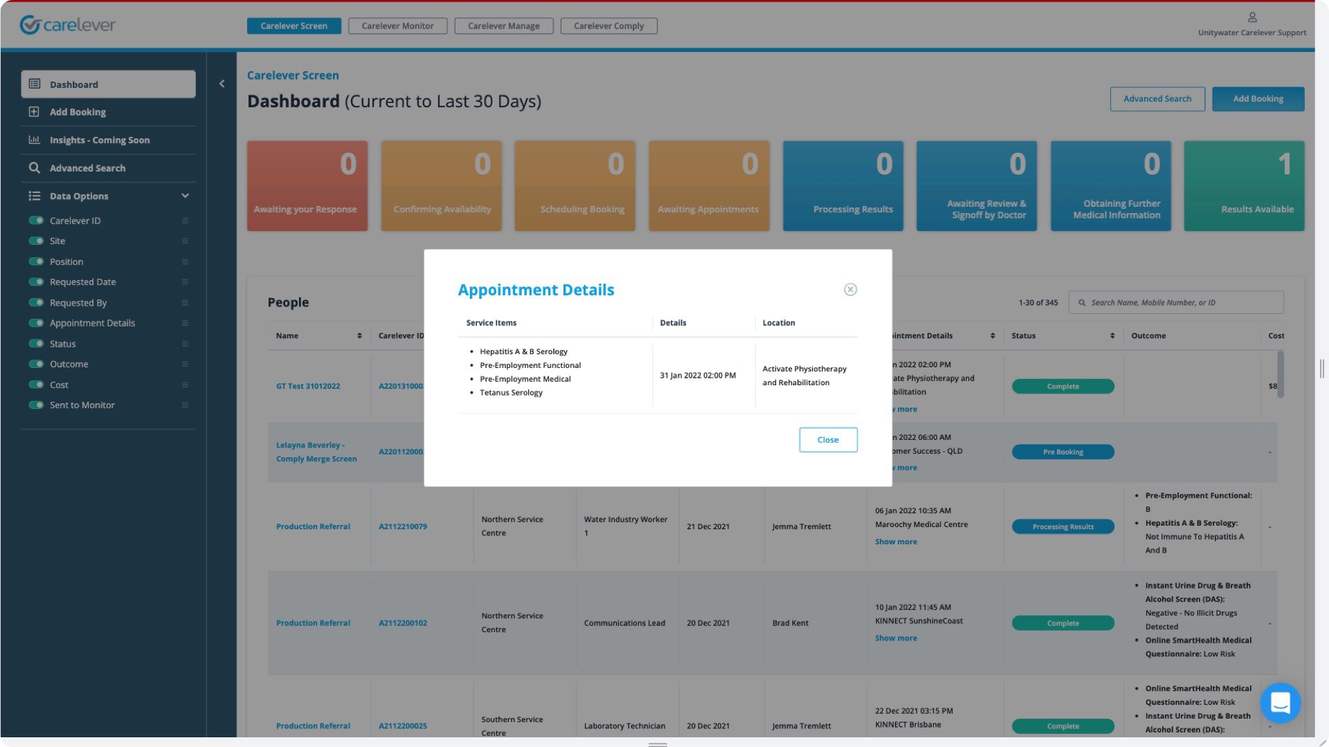 Carelever Screen - Appointments